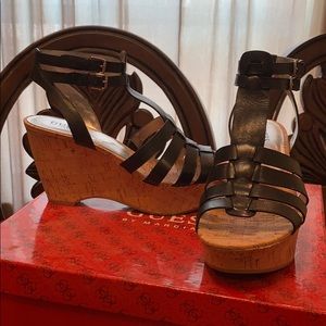 black leather guess wedges